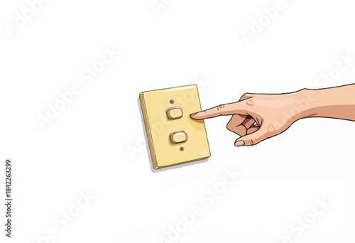 Illustration of a Hand Reaching Toward a Light Switch to Turn On or Off Electricity in a Minimalist Home or Office Interior Setting