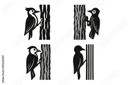 Woodpecker and Drummer Icons. Icons for: a woodpecker poised on vertical bark, a small drummer clinging to a rugged trunk, a