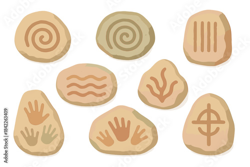 Collection of handprints and other symbols are arranged in a row