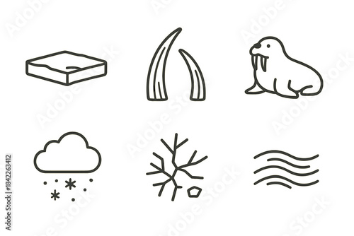 Frostbound Tusk Icons. Line vector icons of Frostbound Tusk Habitat: frozen slab, tusk arc, walrus silhouette, polar mist grain,