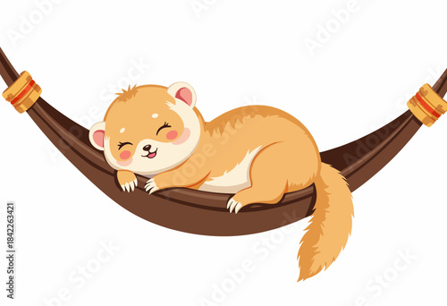 Adorable Cartoon Ferret Sleeping Peacefully on a Cozy Hammock with a Happy Expression and Fluffy Tail in Soft Pastel Colors