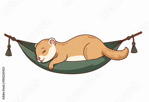 Adorable Cartoon Ferret Sleeping Peacefully in a Leafy Green Hammock, Capturing the Essence of Relaxation and Tranquility in a Whimsical Setting