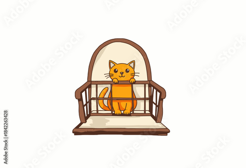 Cartoon Orange Cat Sitting Comfortably in a Cozy High-Backed Wooden Chair with Cream Upholstery Waiting Patiently and Observing the Surroundings Inside the Room