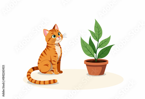 Adorable Orange Tabby Cat Curiously Observing a Potted Green Plant on a Light Background, Showcasing a Peaceful and Tranquil Indoor Setting
