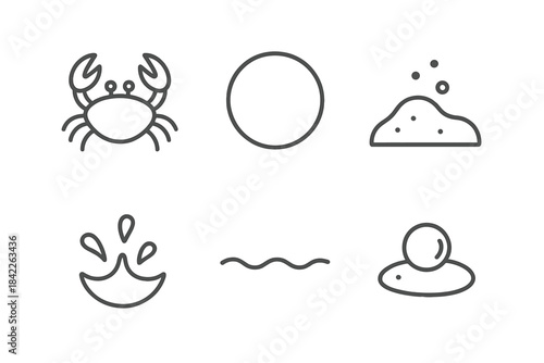 Beach Crab Line Art. Line vector icons of Beach Crab Sphere: crab silhouette, round bubble, soft sand base, tiny splash, wave line