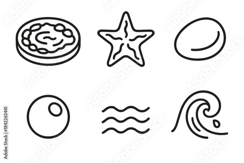 Tidepool Designs. Line vector icons of Tidepool Star Drift: tidal pool, drifting star shape, smooth stone, bubble mote, wave bead,