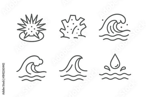 Spiky Reef Icons. Line vector icons of Spiky Reef Bloom: spiky bloom, reef chip, gentle purple hue, wave nib, foam point, water