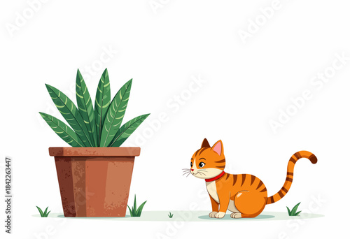 Curious Orange Cat Observes Potted Plant in Minimalistic Outdoor Setting with Green Leaves and Whimsical Atmosphere