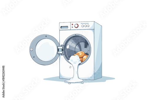 Modern Washing Machine with Open Door Displaying Suds Overflowing and Orange Garments Inside Against a Simple White Background