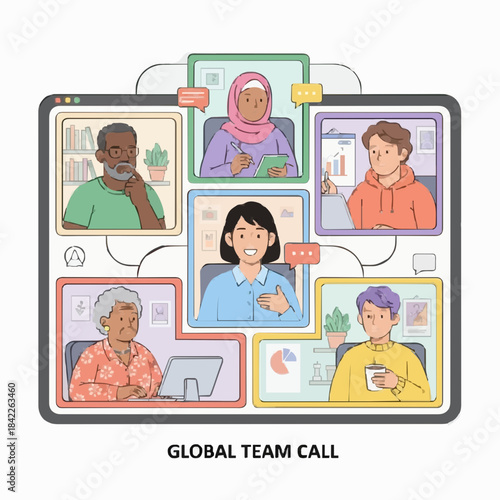 Global Team Video Conference Call Concept. Diverse Group of People Collaborating Online via Tablet Screen for Remote Business Meeting and International Communication.