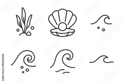 Seabed Pearl Icons. Line vector icons of Seabed Pearl Shell: seabed sprig, shell outline, centered pearl, surf dot, foam curl,