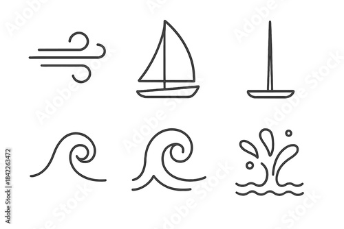 Sailing Breeze Icons. Line vector icons of Sailing Breeze Motion: breeze swoop, sail rise, mast silhouette, bubble tip, ripple
