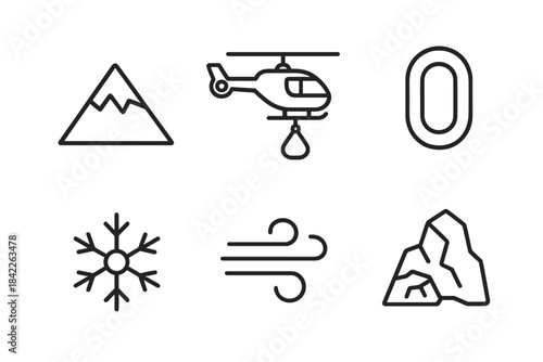 Line Vector Air Rescue Icons. Line vector icons of Peak Air Rescue: peak form, lifting copter, rescue loop, icy dot, breeze stroke