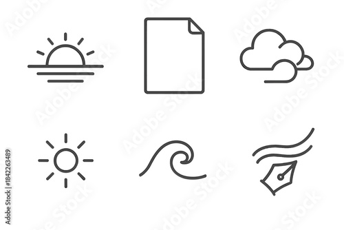 Horizon Glow Icons. Line vector icons of Horizon Glow Flyer: glowing horizon, flyer outline, cloud fold, sun mote, wave curl,