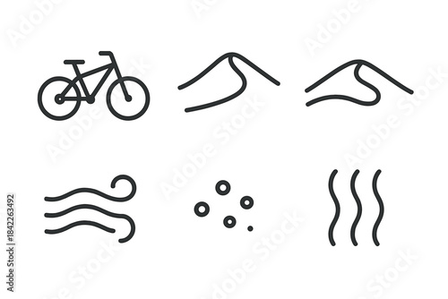 Dune Bike Icon Set. Line vector icons of Dune Bike Ride: bike outline, dune crest, sand drift, breeze curl, tiny grain, heat