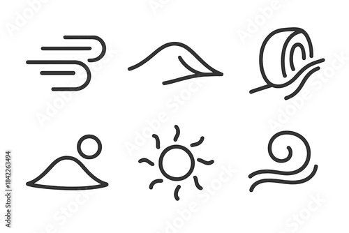 Dune Moto Icons. Line vector icons of Dune Moto Rush: rushing arc, dune wave, motor curve, sand bead, heat mote, air swirl.