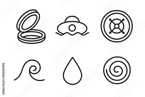 Submersed Chamber Icons. Line vector icons of Submersed Hatch Chamber: chamber rim, submerged hull, sealed hatch, water curl,