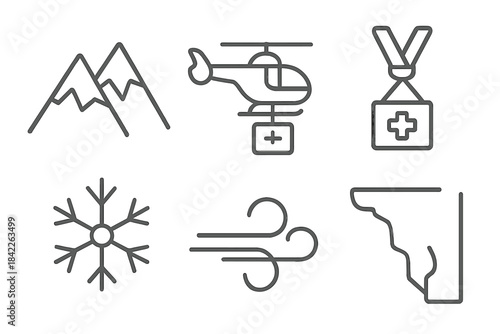 Alpine Air Aid Icons. Line vector icons of Alpine Air Aid: alpine ridge, airlift craft, aid harness, snow fleck, breeze curl,
