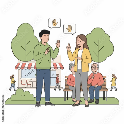 Sign Language Communication Concept. Young Man and Woman Talking using Hand Gestures in a Public Park or Urban Setting. Deaf Culture and Social Inclusion Illustration.