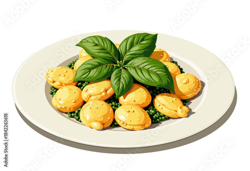 Illustration of Gourmet Yellow Ravioli with Fresh Leaf Garnish on Bed of Green Peas on a White Plate