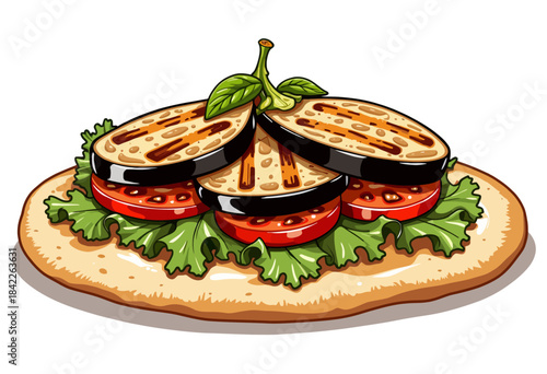 Illustration of a freshly prepared vegetable sandwich with grilled eggplant slices, ripe tomatoes, and fresh green lettuce on a soft bread foundation, garnished with basil