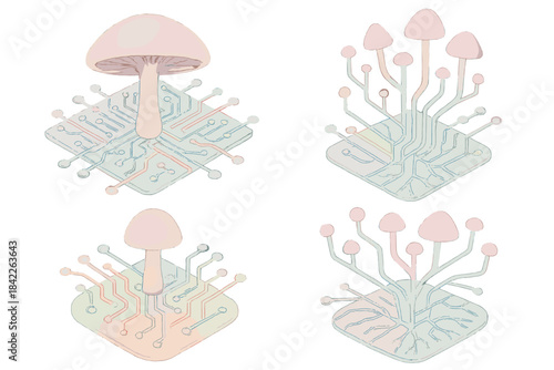 Four different mushroom drawings with a computer chip in the middle