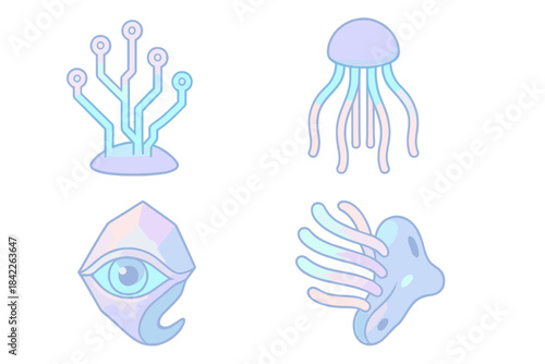Four different sea creatures, including a jellyfish, a squid, a jellyfish