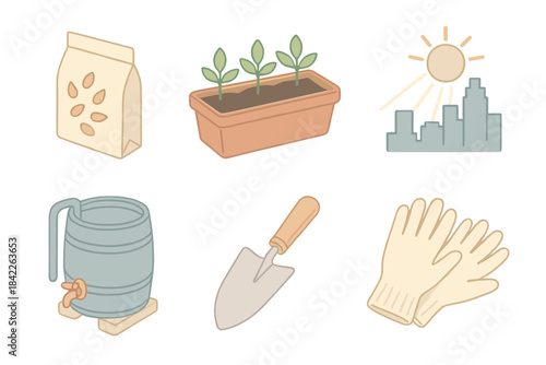 Set of six images of gardening tools and supplies