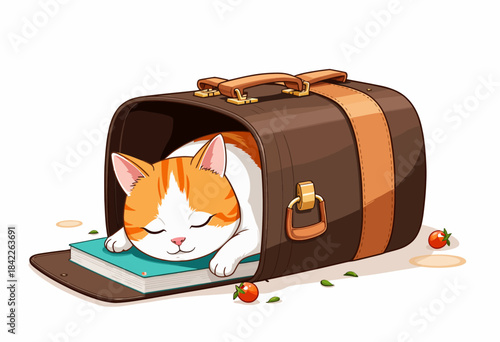 Cozy Orange and White Cat Sleeping Inside An Open Brown Leather Bag with A Blue Book and Scattered Cherry Tomatoes