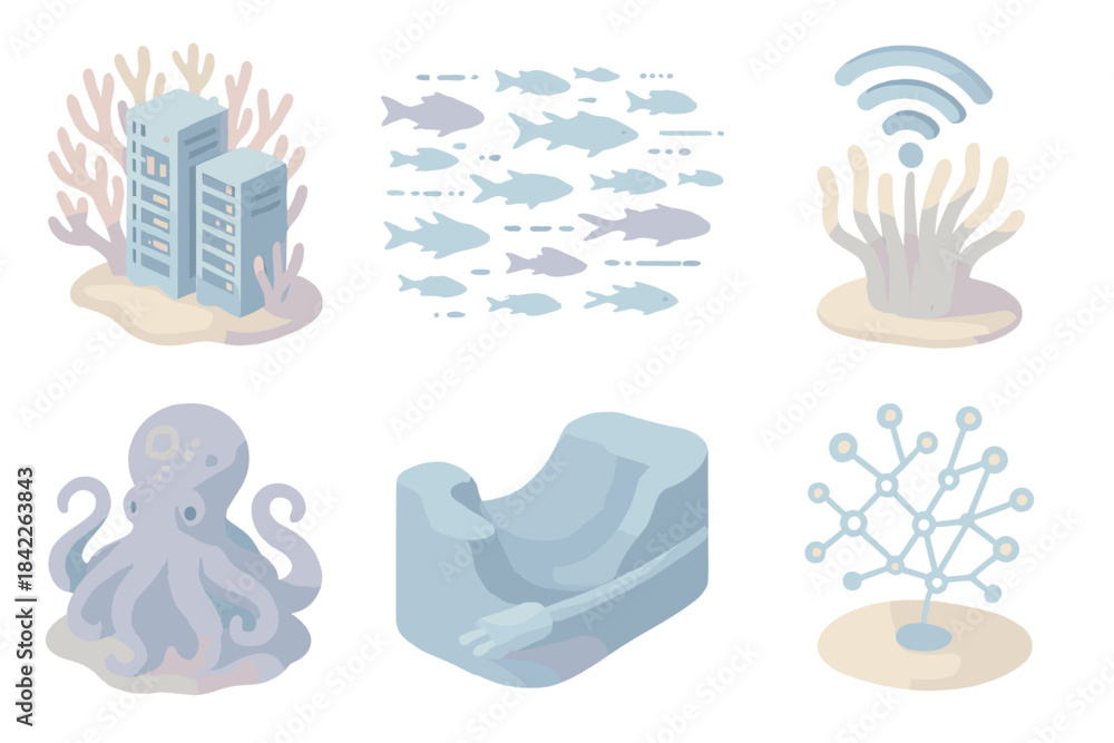 Naklejka premium Variety of sea creatures, including an octopus, fish, and a coral reef