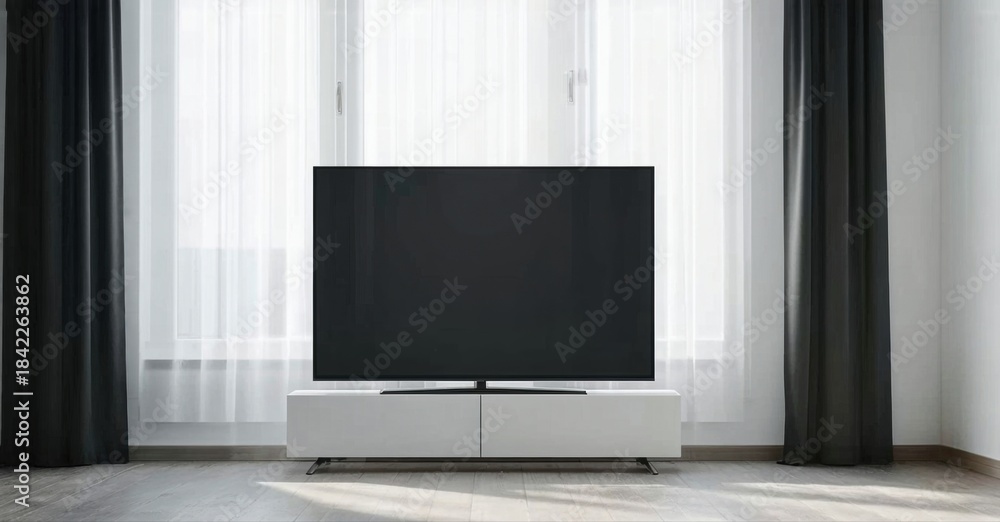 Fototapeta premium Minimalist living room features television set upon white console. Large window provides soft light, framed by dark curtains. Clean aesthetic.