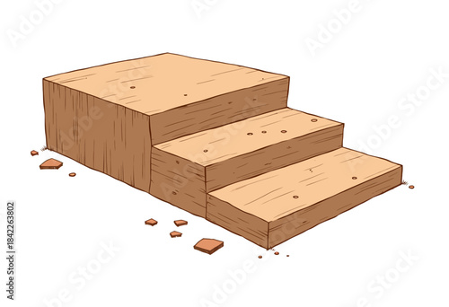 Three Simple Wooden Steps with Rough Edges and Scattered Debris on White Background Illustration