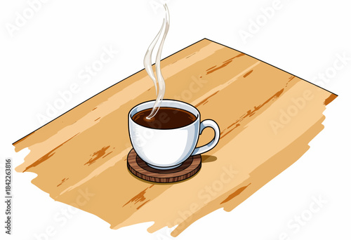 Steaming Hot Coffee in a White Cup on a Wooden Table Capturing the Warmth and Aroma of a Perfectly Brewed Beverage in a Cozy, Relaxed Setting