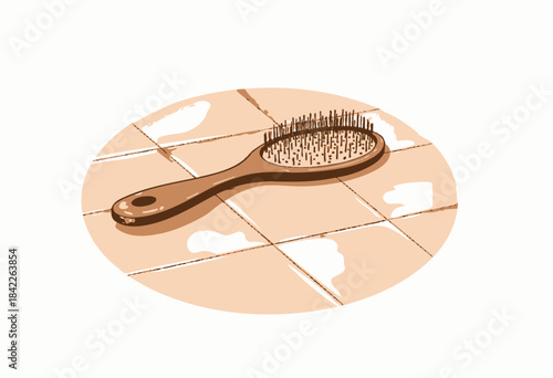 Wooden Hairbrush with Natural Bristles Resting on a Tiled Surface Surrounded by Sunlit Soft Reflections and Subtle Shadows