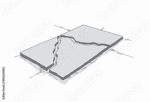 Illustration depicting a cracked concrete slab with visible fractures and uneven surfaces indicating structural damage and potential need for repair