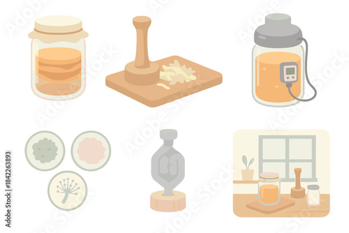 Collection of jars and utensils for making jam