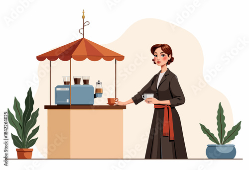 Elegant Woman Enjoying Coffee at a Stylish Outdoor Cafe Stand with Plants and Coffee Maker in the Background