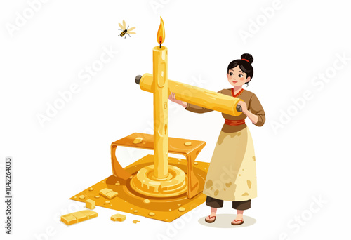 Illustration of a Woman Crafting a Giant Candle, Capturing the Essence of Traditional Wax Artistry with a Lit Flame and a Bee Hovering Overhead