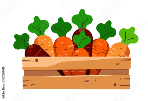 Vibrant Wooden Crate Overflowing with Freshly Harvested Carrots and Beets Showcasing Lush Green Tops and Rich Earthy Tones in a Rustic Rural Setting