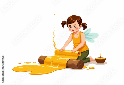 Young Fairy Rolling Out Golden Honey Dough on Wooden Logs with Candle Nearby in a Whimsical Setting