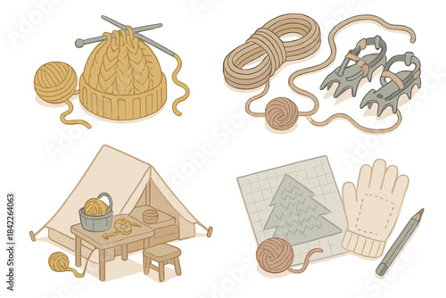 Set of four images of yarn, knitting needles, and other crafting supplies