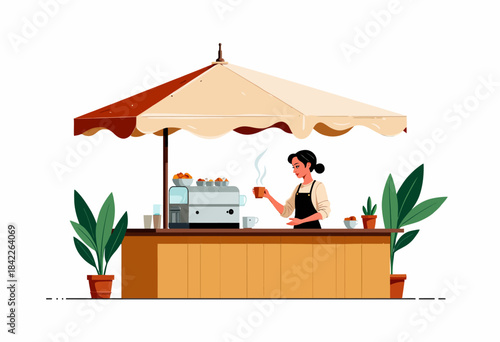Charming Outdoor Coffee Stand with Woman Barista Serving Hot Espresso Under Large Umbrella