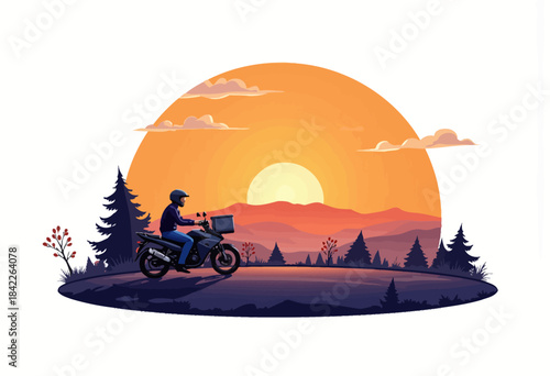 Motorcyclist Enjoying Sunset Ride Through Scenic Countryside with Vibrant Orange Sky and Peaceful Landscape Creating a Tranquil Evening Ambiance