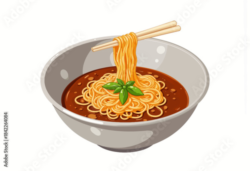 Illustration of a steaming bowl of savory noodles with chopsticks lifting a tangled portion, garnished with fresh green herbs, set against a simple white background
