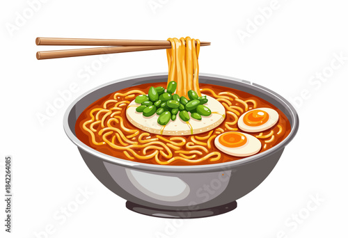 A steaming bowl of savory ramen noodles with vibrant toppings, including green vegetables and perfectly cooked eggs, inviting you to experience a delightful culinary journey
