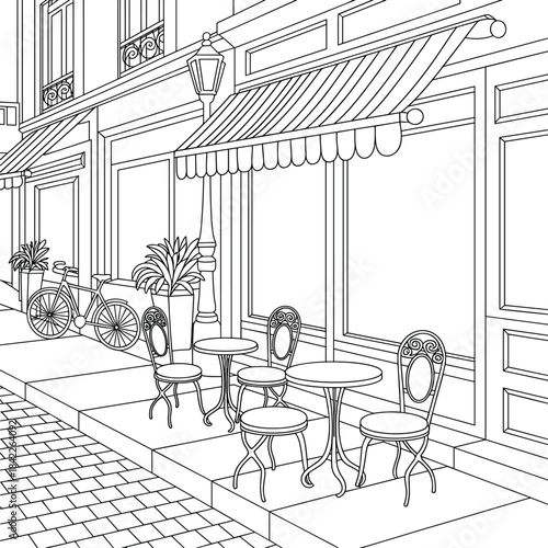 Vintage Cafe with Bicycles and Outdoor Seating striped awning