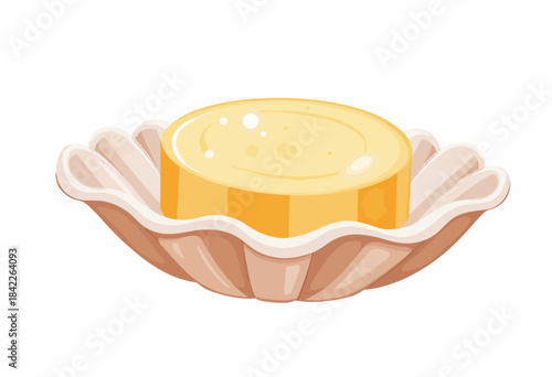 Illustration of a Creamy Vanilla Pudding on a Decorative Shell-Shaped Plate, Highlighting the Dessert's Smooth Texture and Glossy Finish