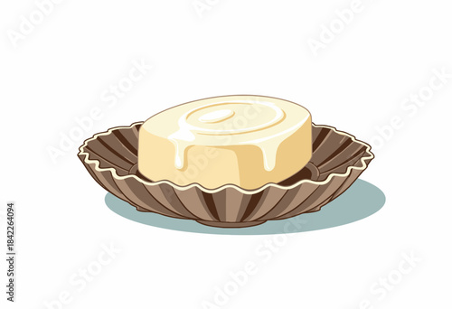 Illustration of a Freshly Glazed Cinnamon Roll on a Fluted Brown Paper Liner Evoking a Sense of Warmth and Sweetness with Visually Appealing Icing Details