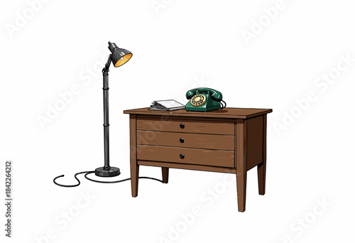 Vintage Wooden Desk with Classic Rotary Telephone and Stylish Adjustable Desk Lamp for Home or Office Decoration