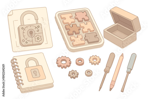 Collection of items including a lock, a puzzle, a box, and a pair of tools